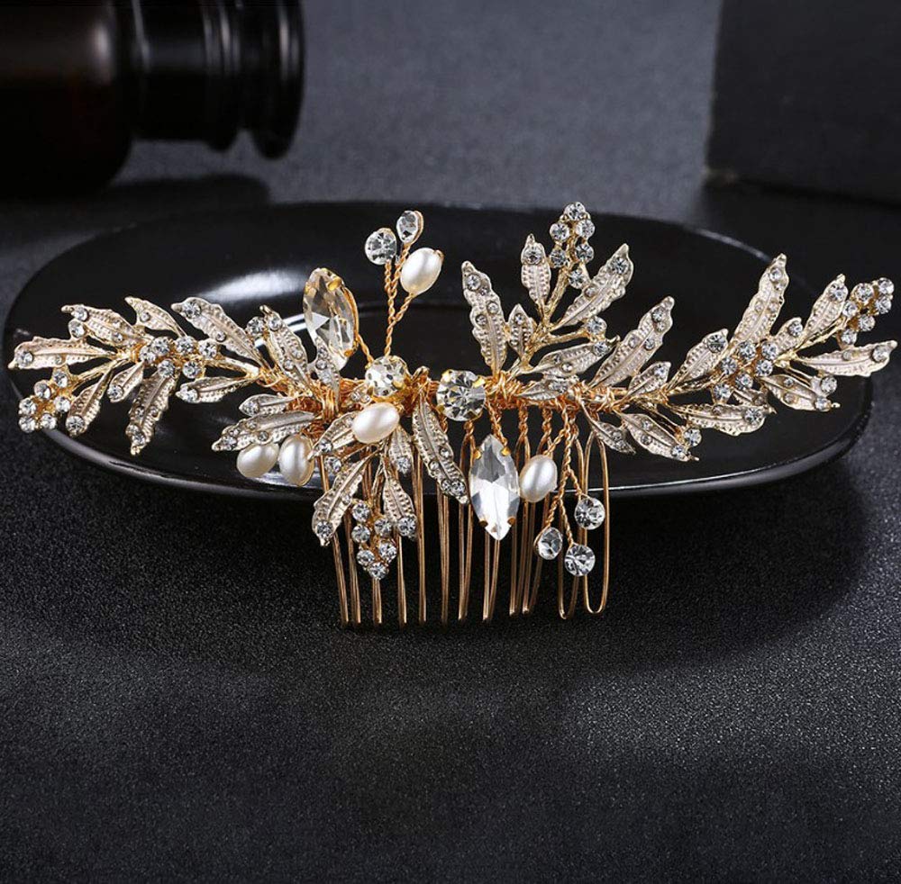 Deniferymakeup Wedding Gold Rhinestone Pearls Flower And Leaf Hair Comb Bridal Vintage Headpiece Crystal Women Hair Comb Bridal Hair Comb Wedding Hair Piece Wedding Accessories Jewelry Set