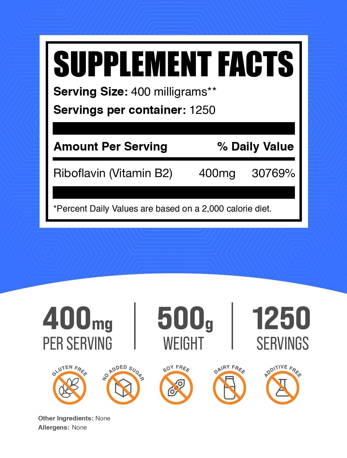 BulkSupplements.com Riboflavin Powder - as Vitamin B2, Vitamin B2 Supplement - Riboflavin 400mg, B Vitamins for Wellness, Gluten Free, 400mg per Serving, 500g (1.1 lbs) (Pack of 1)