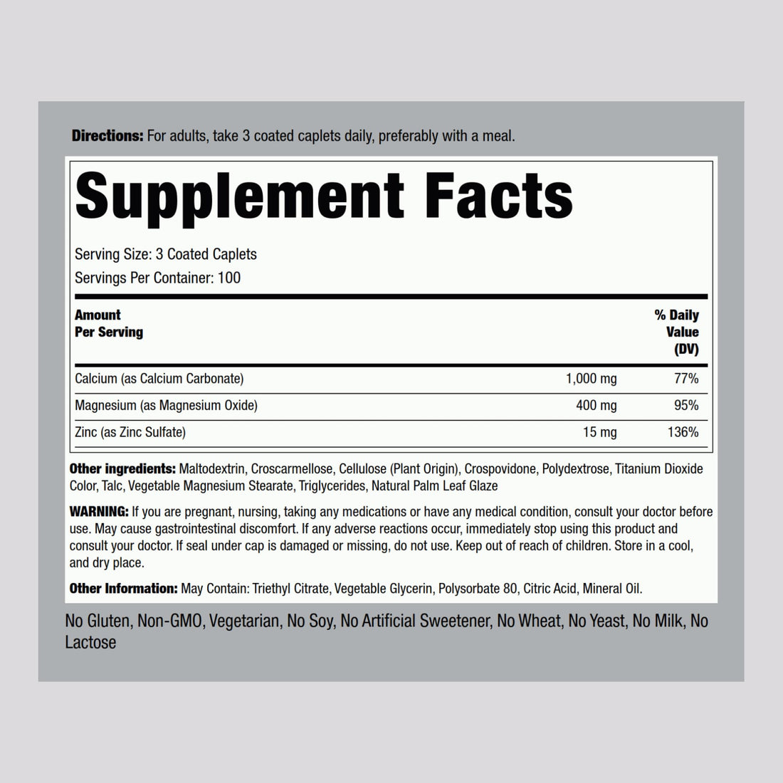 Piping Rock Calcium Magnesium Zinc Supplement | 300 Coated Caplets | Non-GMO, Gluten Free