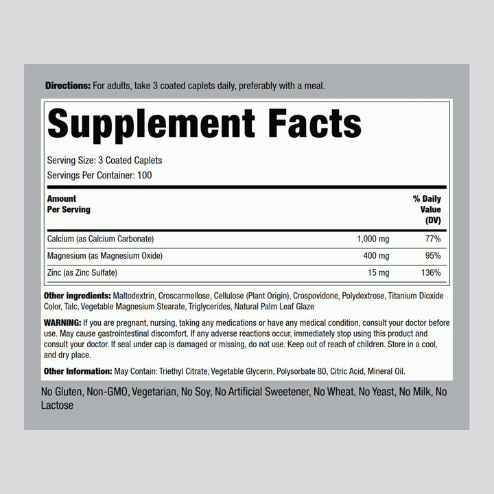 Piping Rock Calcium Magnesium Zinc Supplement | 300 Coated Caplets | Non-GMO, Gluten Free
