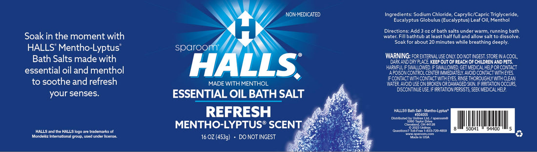 Halls Refresh Menthol with 100% Pure Essential Oils Aromatherapy Bath Salts, 16 oz, Eucalyptus, Menthol and Mentho-Lyptus Scent