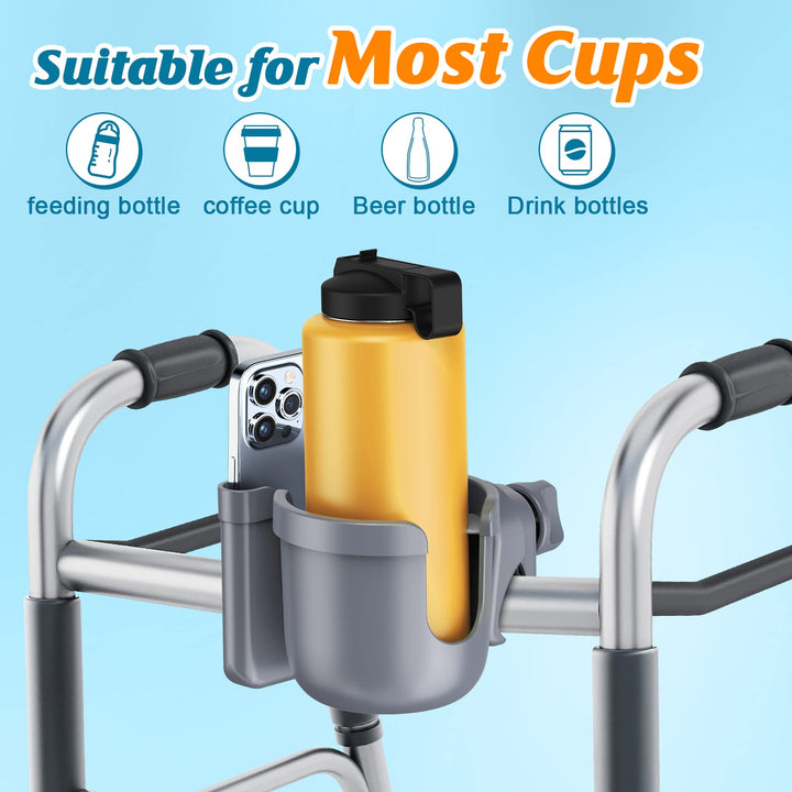 Guiseapue Cup Holder for Walker: Stroller Cup Holder Attachment with Phone Holder, Wheelchair/Stroller Accessories for Uppababy, Nuna, Doona, Rollator, Bike, Scooter, Baby Travel Essential