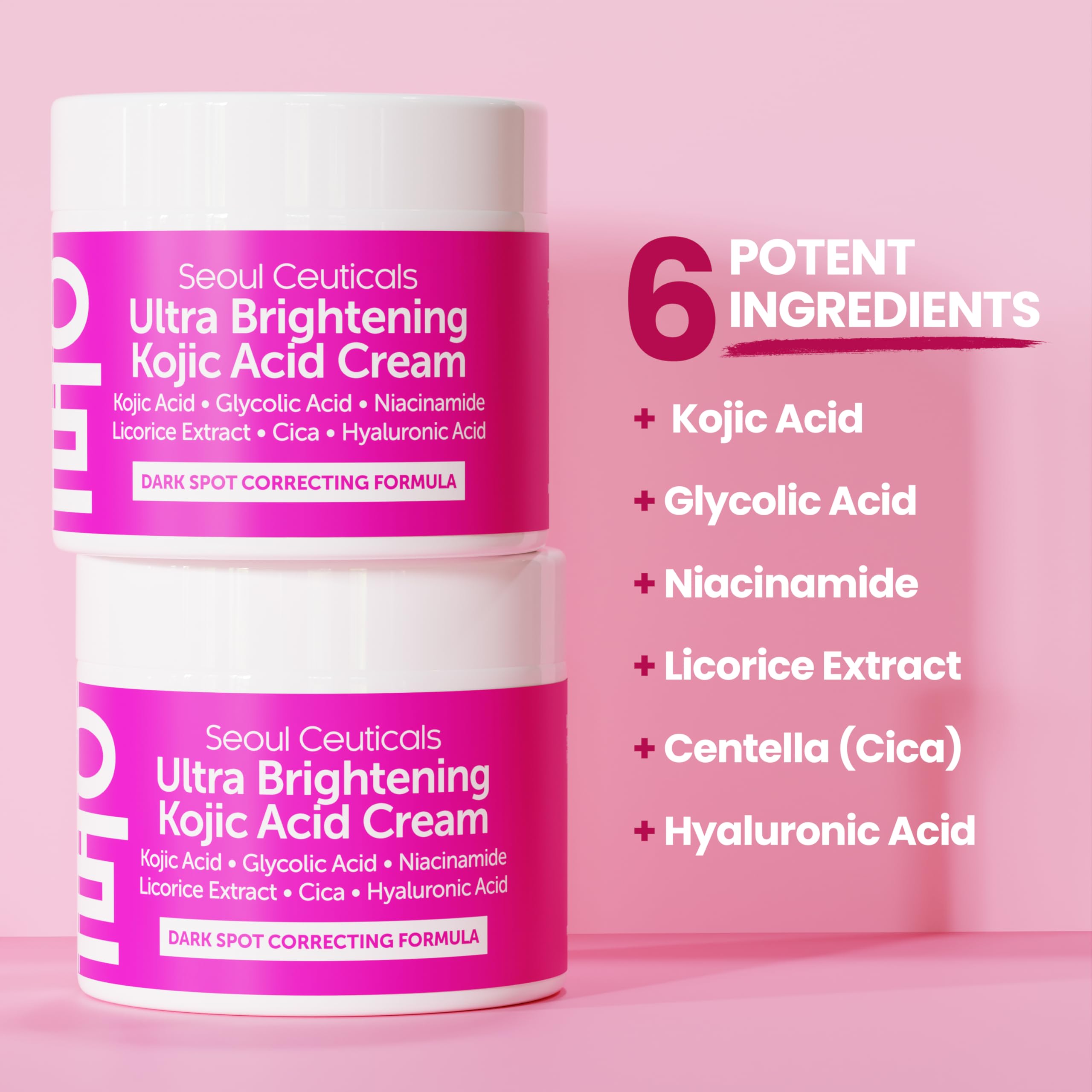 SeoulCeuticals Korean Kojic Acid Cream Dark Spot Remover + Glycolic Acid + Niacinamide + Cica + HA Moisturizer - Cruelty Free K Beauty Skincare 2oz