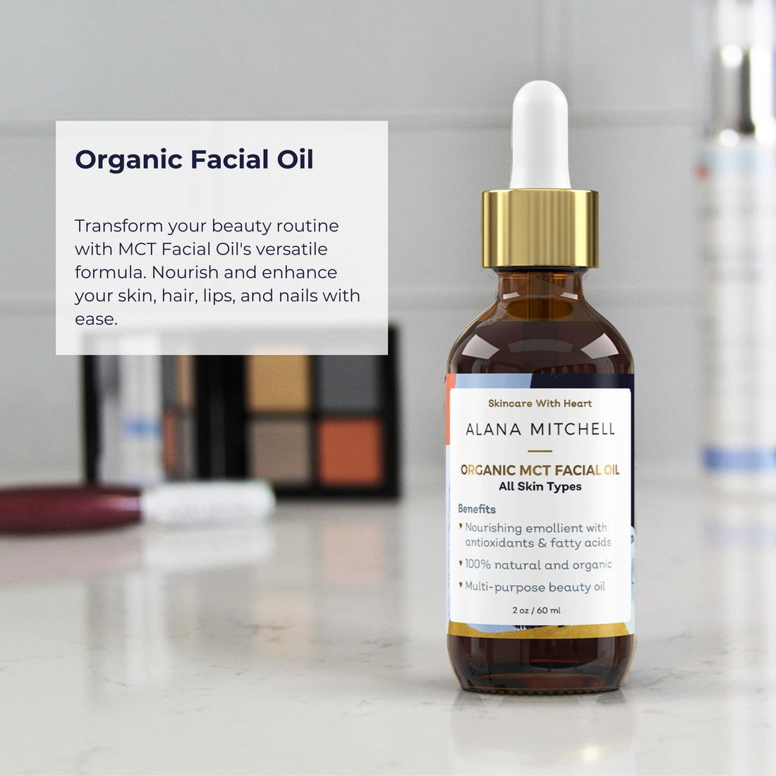 Alana Mitchell Organic MCT Face Oil – Natural Coconut Oil for Skin to Hydrate & Help Prevent Wrinkles & Fine Lines – Face Moisturizer for Women & Men – Organic MCT Oil for Face, Body & Lips (2 oz)