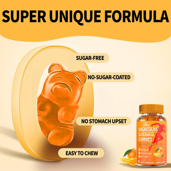 OALSE Magnesium Glycinate Gummies 600mg, Sugar Free Magnesium Potassium Supplement with Calcium, Vitamin D3, K2, CoQ10 for Adults and Kids, Stress & Muscle Relief, Orange (60 CT)
