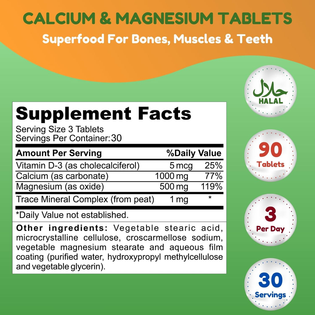 SHIFAA NUTRITION Halal Calcium Magnesium Supplement w/Vitamin D3 | Calcium 1,000 mg, Magnesium 500mg | 30 Servings, Non-GMO | Structure & Bone Strength, Teeth, Cardiovascular & Muscle Support