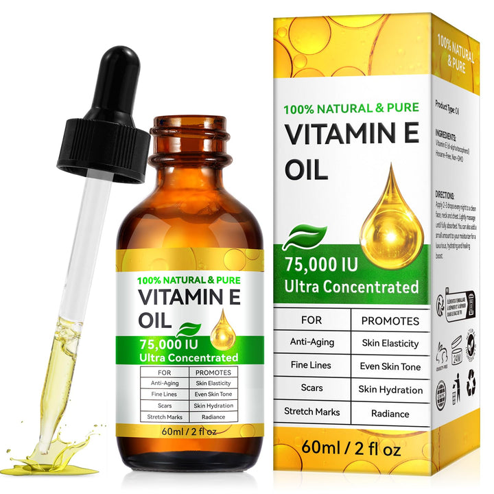 BKKTfBWK Vitamin E Oil, 75,000 IU, 100% Pure & Natural, Vitamin E for Skin, Face and Scars, Body Bath Oil Moisturizing Dry Skin and Winkles, 2 Fl Oz