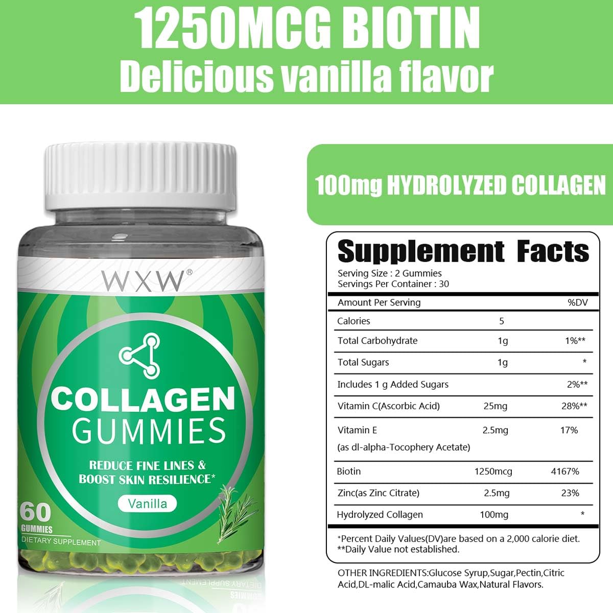 WXW Hydrolyzed Collagen Peptides Gummies for Women, Non-GMO Anti-Aging Formula with Biotin, Zinc, Vitamins C & E for Hair, Skin and Nails | 60ct,Vanilla Flavor