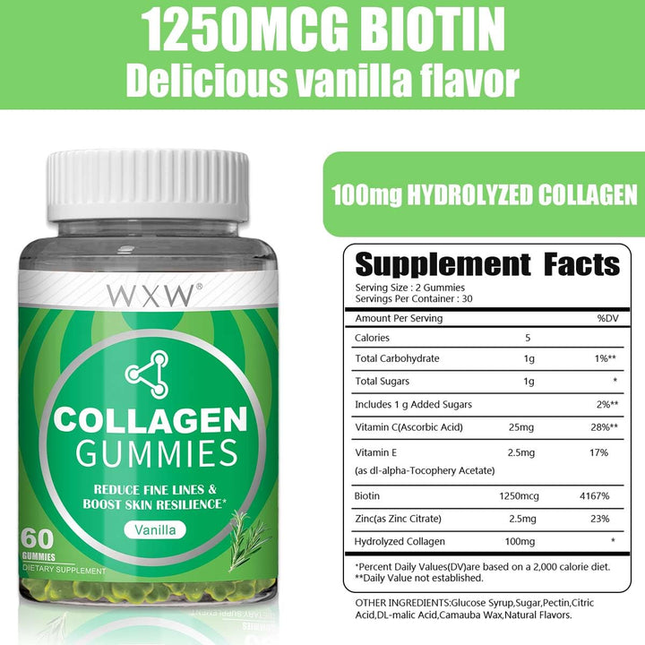 WXW Hydrolyzed Collagen Peptides Gummies for Women, Non-GMO Anti-Aging Formula with Biotin, Zinc, Vitamins C & E for Hair, Skin and Nails | 60ct,Vanilla Flavor