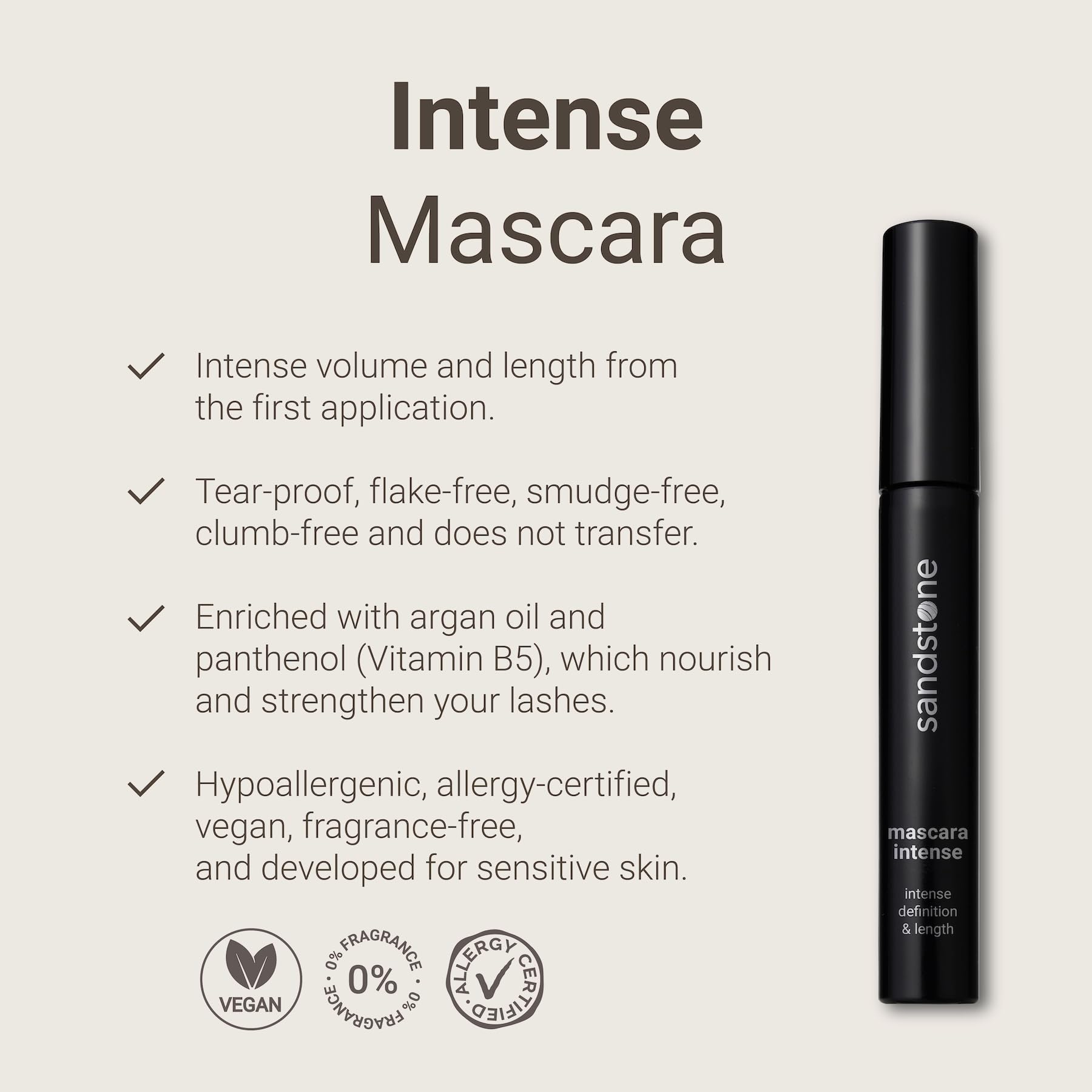 Sandstone Scandinavia Hypoallergenic Mascara Sensitive Eyes - Smudge-Proof, Sweatproof, Lengthening and with amazing separation of the lashes - Vegan, Non Toxic, Black