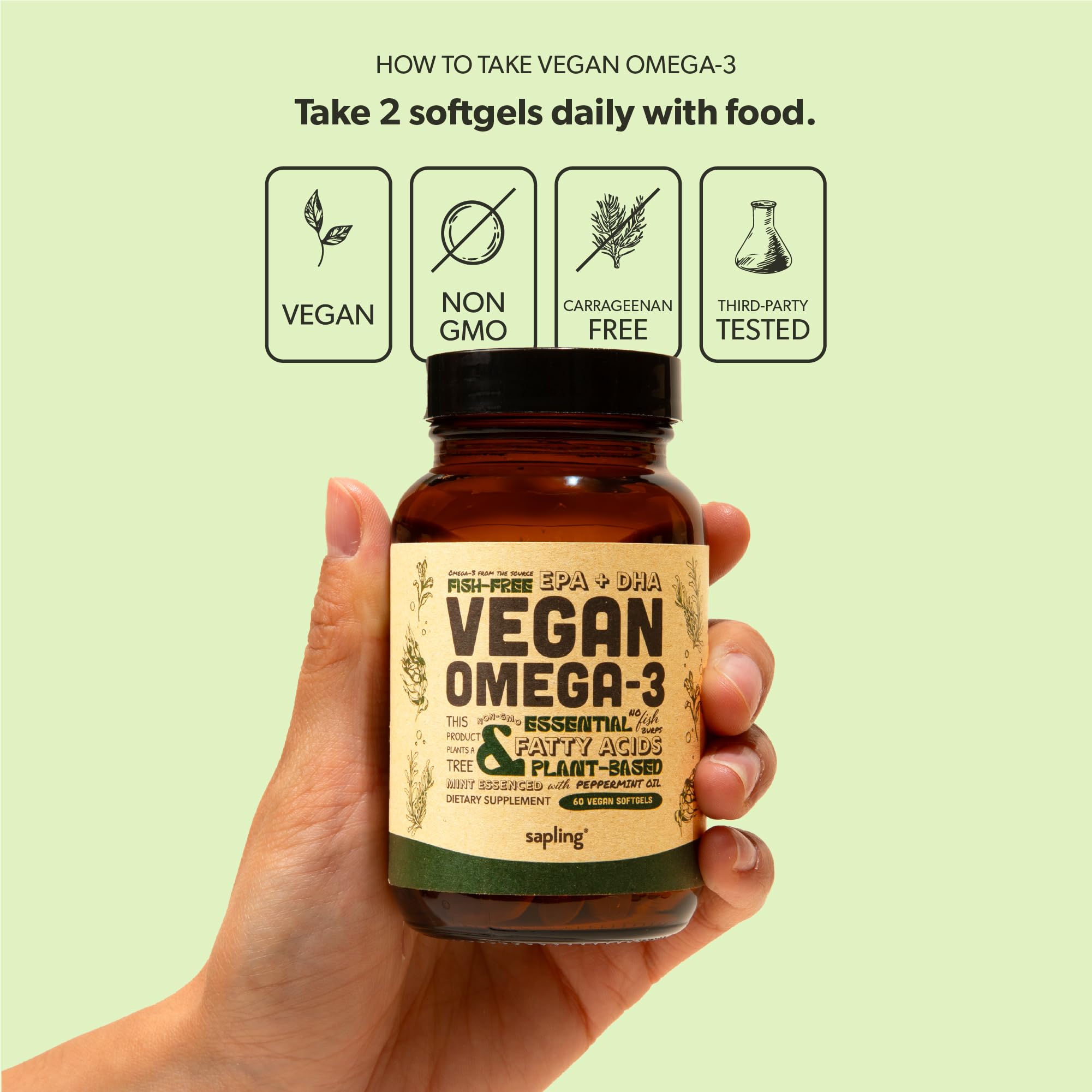Vegan Omega 3 Supplement - Plant Based DHA & EPA Fatty Acids - Carrageenan Free, Alternative to Fish Oil, Supports Heart, Brain, Joint Health - Sustainably Sourced Algae - 60 Softgels