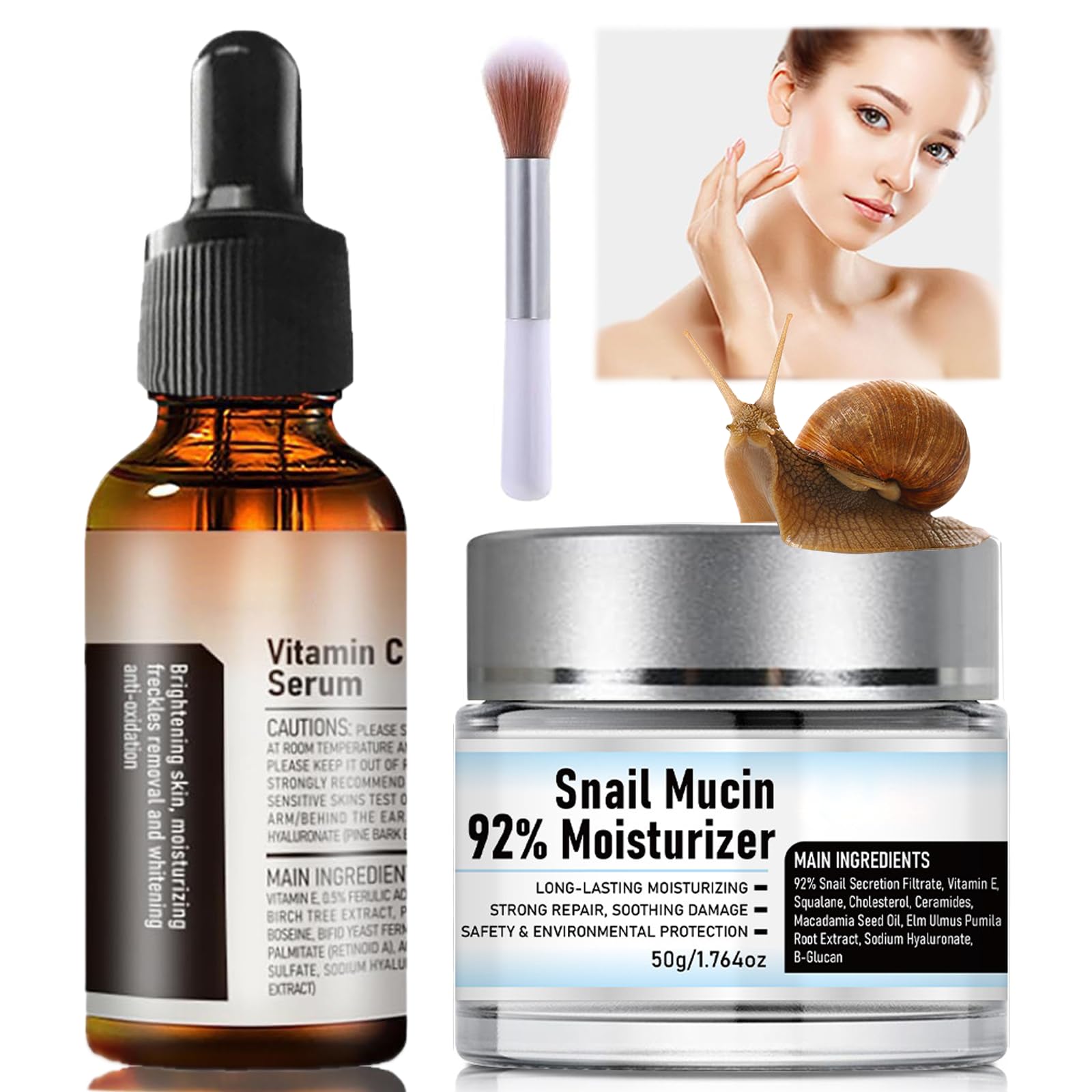 Crema De Baba De Caracol Original, Vitamin C Facial Serum, Snail Mucin 92% Moisturizer Daily Face Gel Cream, Advanced Snail 92 All in One Cream, Snail Mucin Moisturizer and Serum (set, 1)