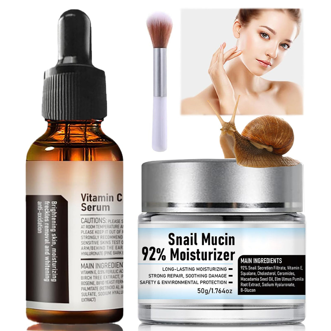 Crema De Baba De Caracol Original, Vitamin C Facial Serum, Snail Mucin 92% Moisturizer Daily Face Gel Cream, Advanced Snail 92 All in One Cream, Snail Mucin Moisturizer and Serum (set, 1)