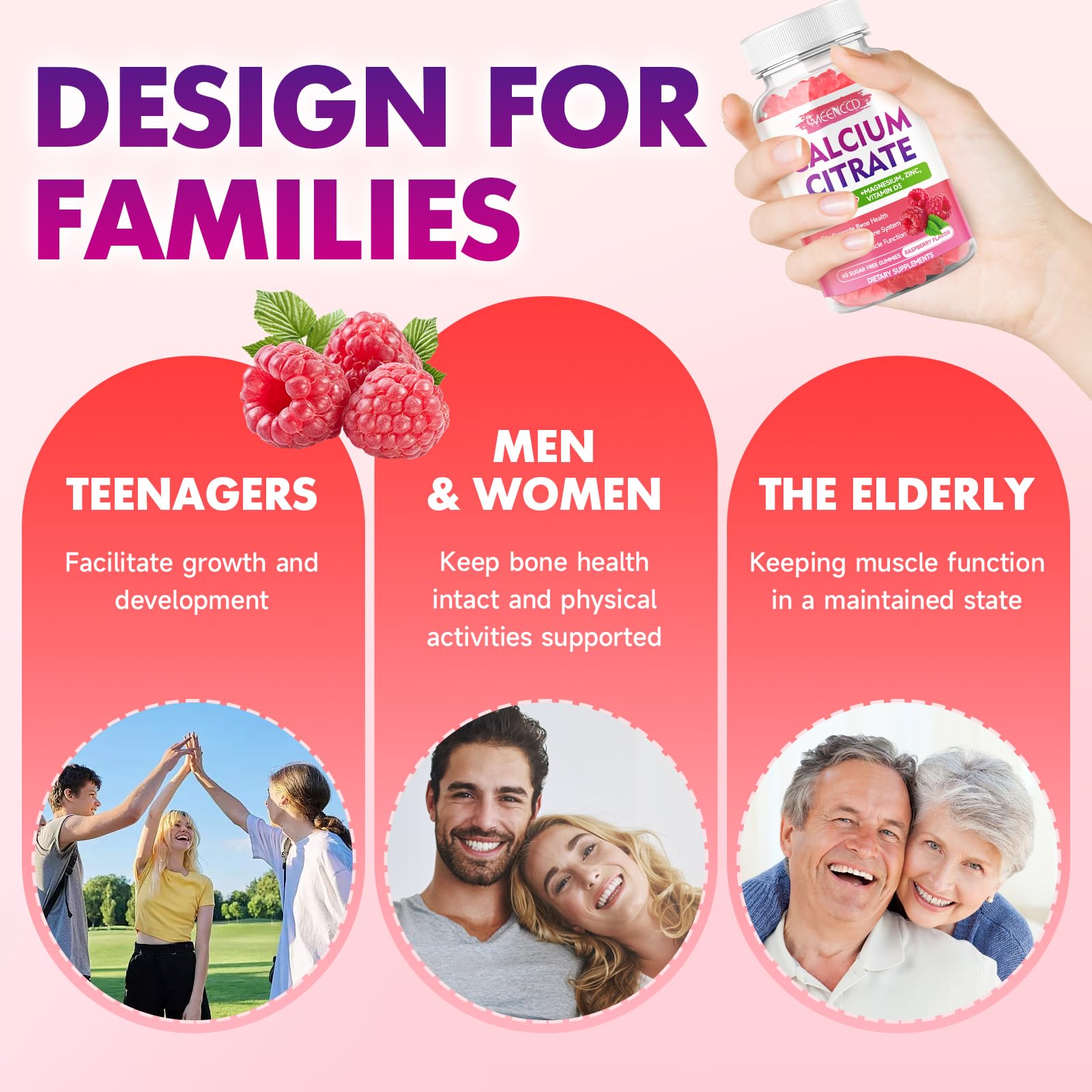 2 Pack Calcium Citrate Gummies 1000mg w/Vitamin D3, High Absorption Calcium Gummies for Women & Men, Plus Magnesium, Potassium, Zinc for Muscle & Immune, Raspberry Flavor, 120 Count