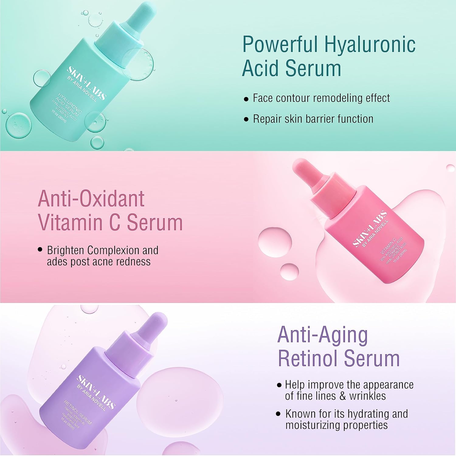 Skin+Labs by Aria Novell Skincare Bundle - Set of 3 Skin Care Set With Vitamin C, Retinol, Hyaluronic Acid Serum - Facial Care Solutions For Brightening, Lifting Fine Lines & Wrinkles, Hydrating Skin
