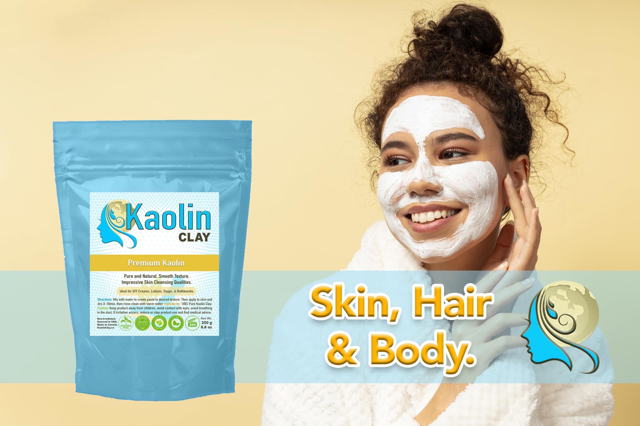 Pure Kaolin Clay - 100% Natural | 8.8 Ounces/250g | Smooth and Silky Texture, Easy Mixing, Perfect for Face, Body, and Bathbombs
