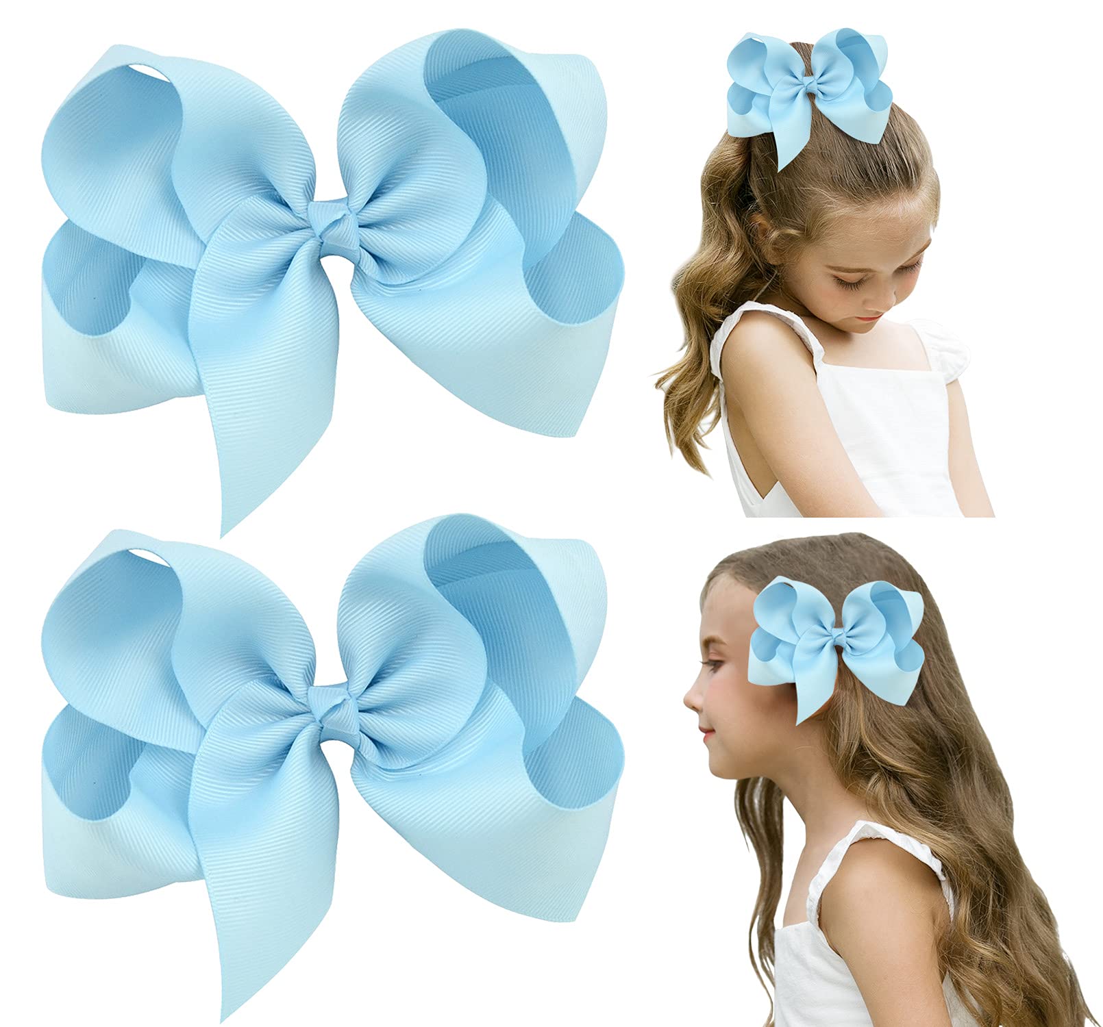 DEEKA 2 PCS 6 Big Hand-made Grosgrain Ribbon Solid Color Hair Bows Alligator Clips Hair Accessories for Little Teen Toddler Girls Kids Set of 2 -Light Blue