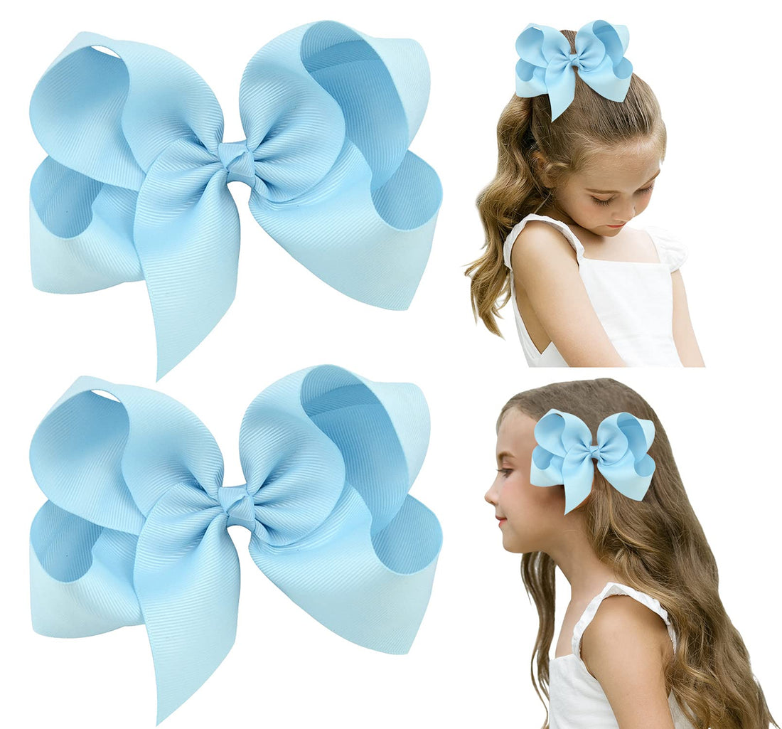 DEEKA 2 PCS 6 Big Hand-made Grosgrain Ribbon Solid Color Hair Bows Alligator Clips Hair Accessories for Little Teen Toddler Girls Kids Set of 2 -Light Blue