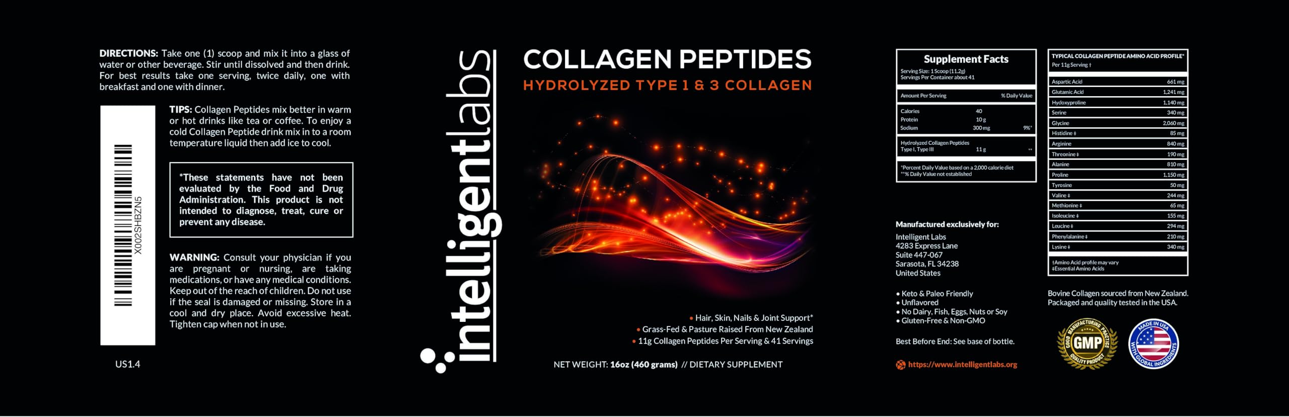 Intelligent Labs Hydrolyzed Type 1 and 3 Collagen Peptides Powder, 100% Cruelty-Free and Grass-Fed Bovine, Supports Healthy Hair, Skin, Nails & Joints, 11g per Serving, 41 Servings a Bottle