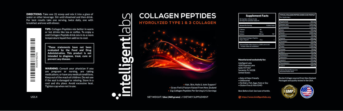 Intelligent Labs Hydrolyzed Type 1 and 3 Collagen Peptides Powder, 100% Cruelty-Free and Grass-Fed Bovine, Supports Healthy Hair, Skin, Nails & Joints, 11g per Serving, 41 Servings a Bottle