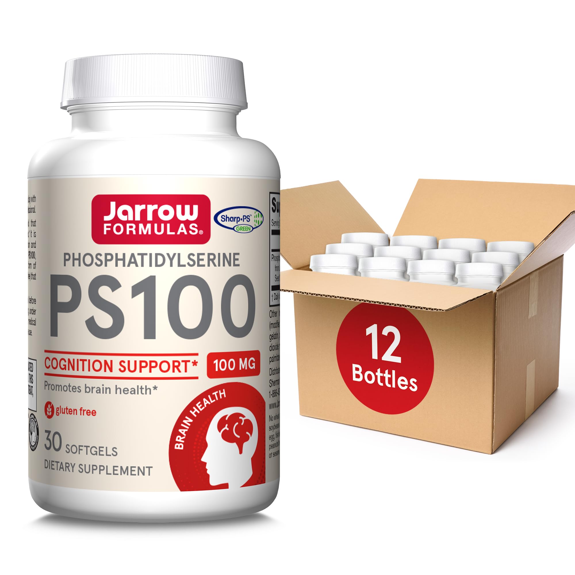 Jarrow Formulas PS100 Phosphatidylserine 100 mg, Dietary Supplement for Brain Health and Cognition Support, 30 Softgels, 10-30 Day Supply, Pack of 12