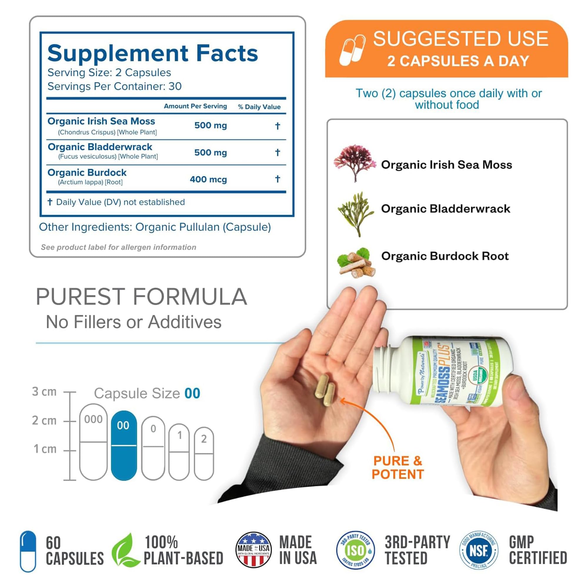 Power By Naturals Sea Moss Plus - USDA Organic Irish Sea Moss Capsules w/Wild Harvested Irish Seamoss, Bladderwrack & Burdock Root Immunity Supplement Sea Moss Pills for Adult 60Ct - 1 Pack