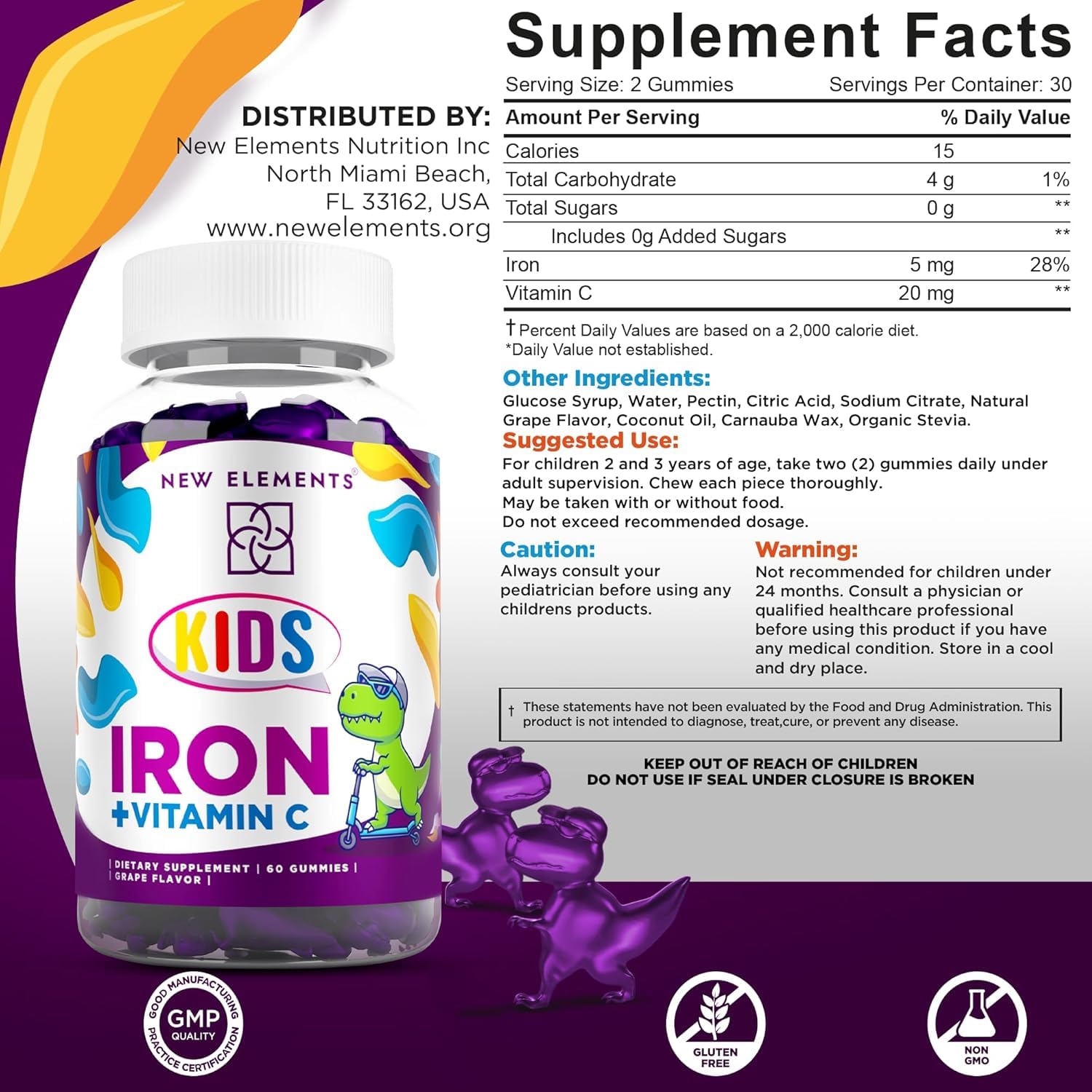 Iron Gummies for Kids with Vitamin C | Sugar Free | Enhanced Energy & Blood Health Support | Anemia Relief, Gluten-Free, Non-GMO, Vegan, Natural Grape Flavor, Crafted with Pectin for Optimal Health