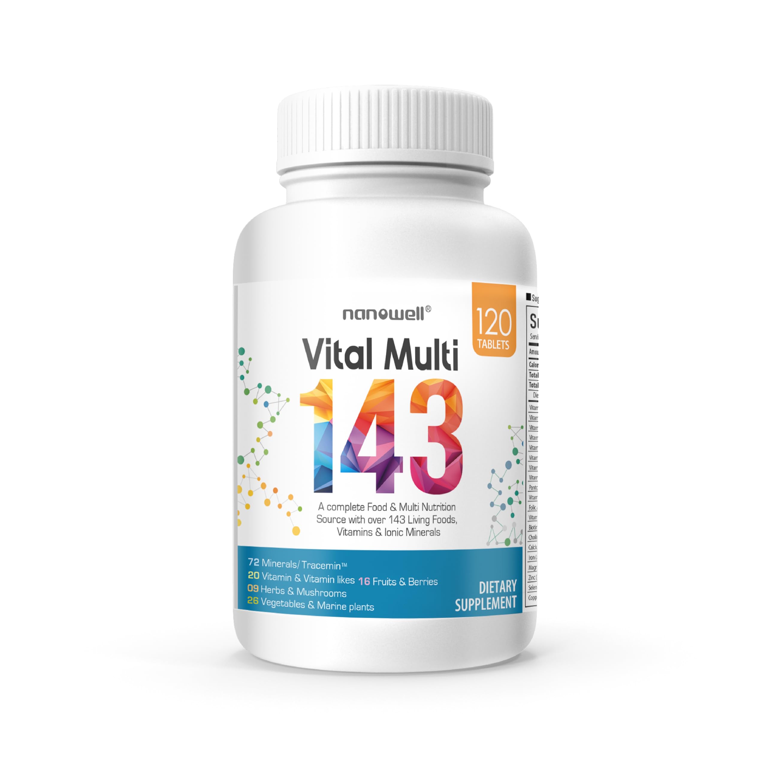 NANOWELL Vital Multi 143 - Multivitamin & Multimineral Supplement with 20 Vitamins and 72 Minerals,143 Ingredients Total - 120 Tablets, 30 Day Supply