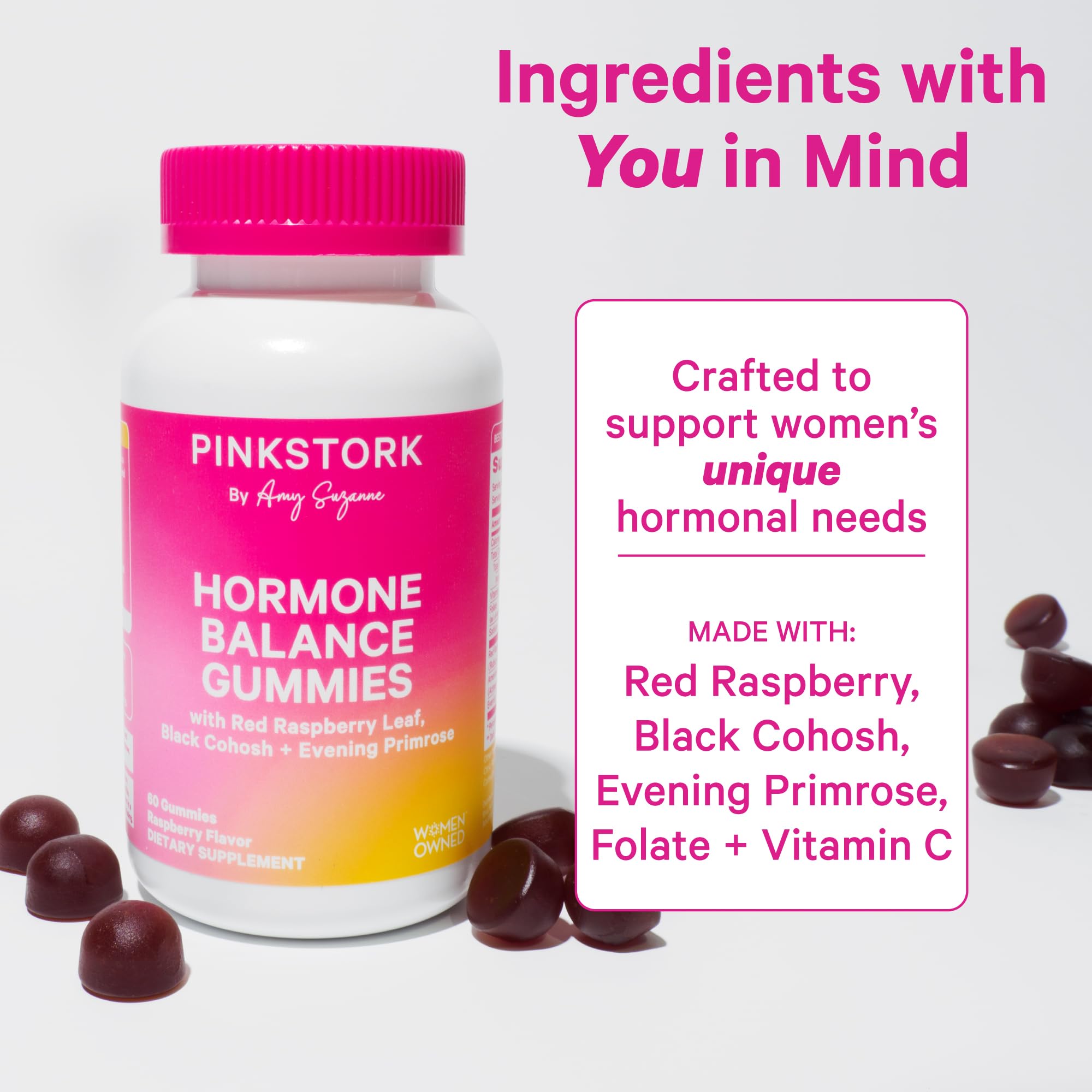 Pink Stork Hormone Balance Gummies for Women - Hormone Harmony for Mood, Energy, Bloating - Hormonal PMS, Perimenopause & Menopause Support - Red Raspberry Leaf & Black Cohosh - 60 Gummy Supplements