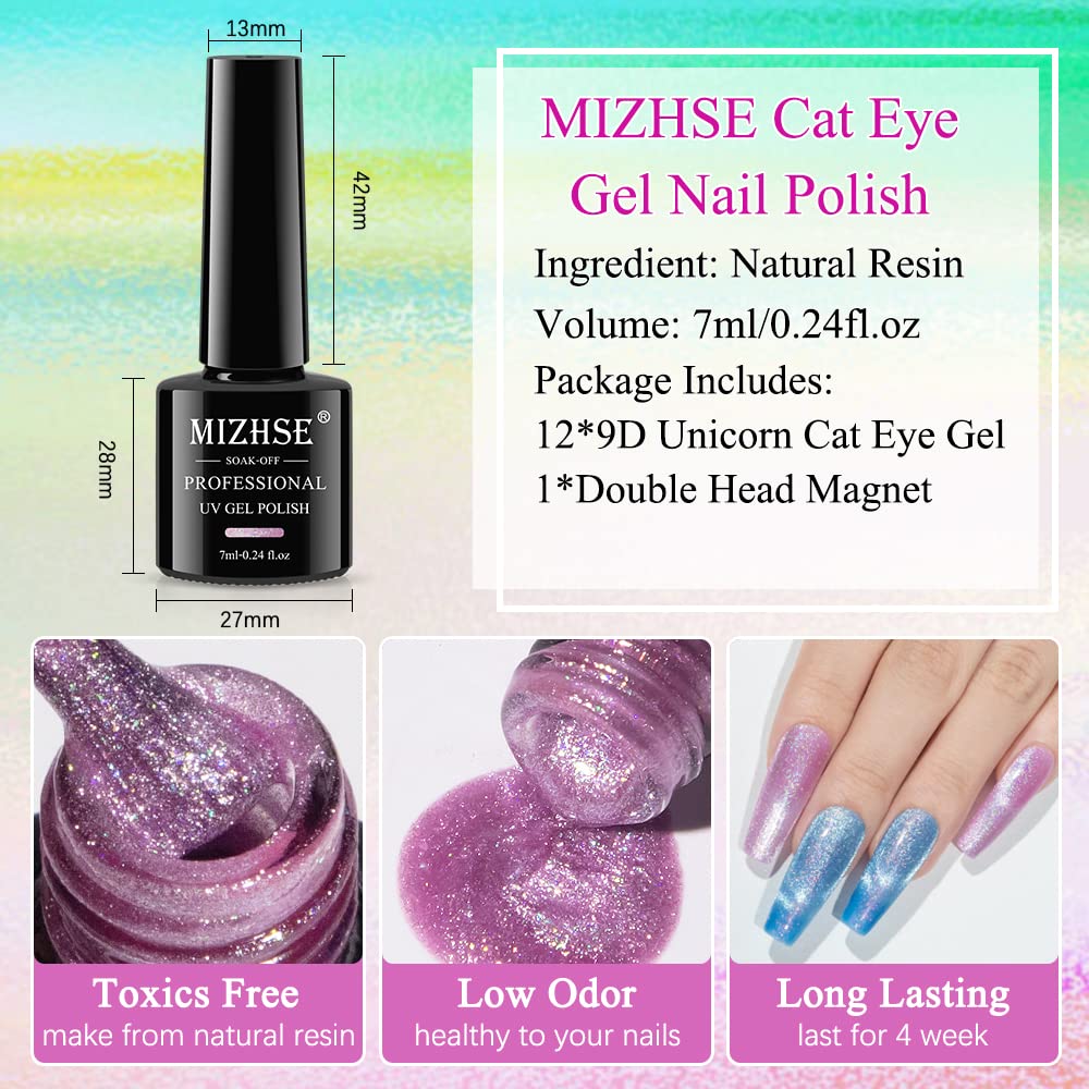 MIZHSE Unicorn Cat Eye Gel Nail Polish 7ml, Pearl Mermaid Cateye Magnetic Gel Polish Kit Pink Blue Soak Off UV LED DIY Manicure Set for Home Salon