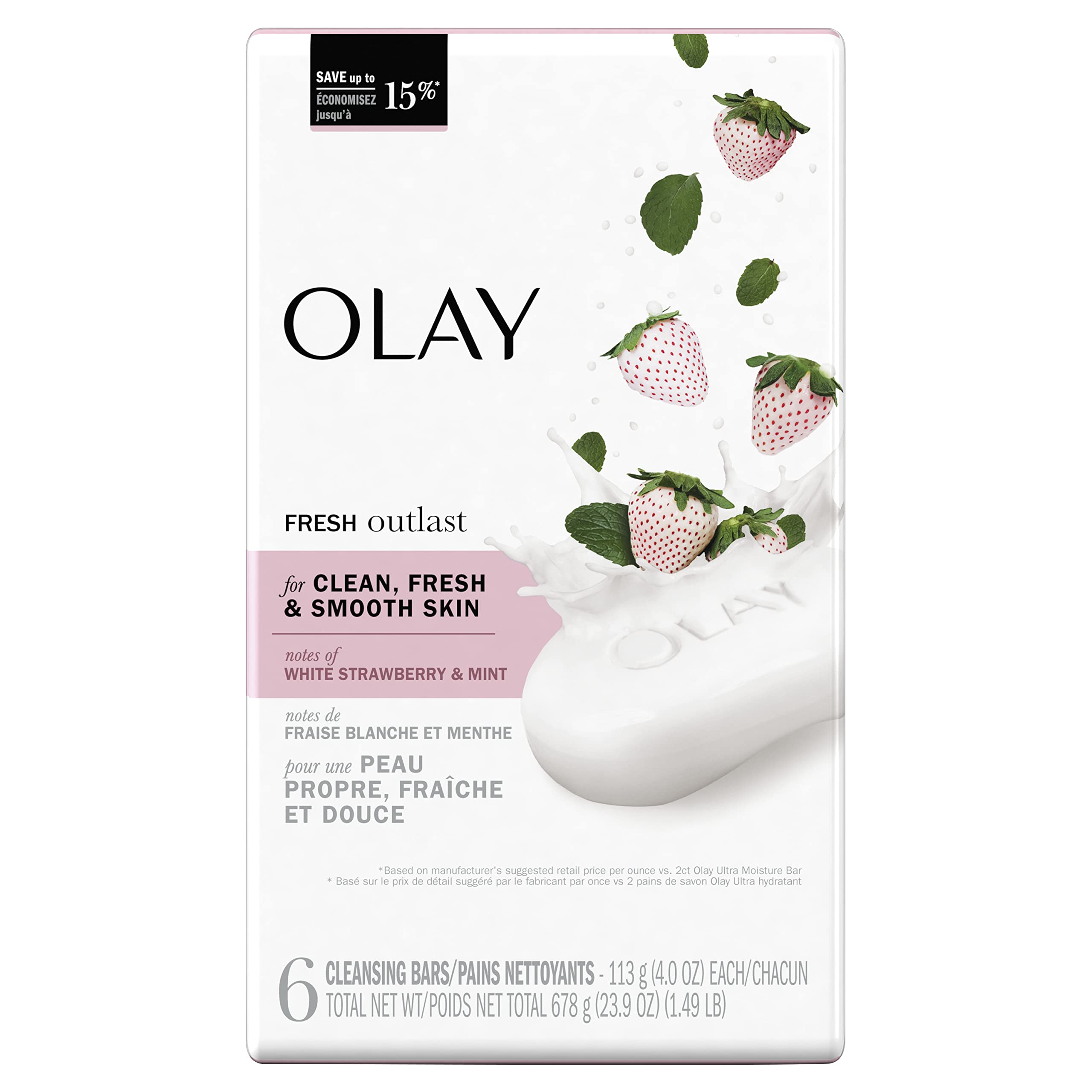 Olay Fresh Outlast Notes Of Cooling White Strawberry & Mint Beauty Bar, 4 oz, 6 count
