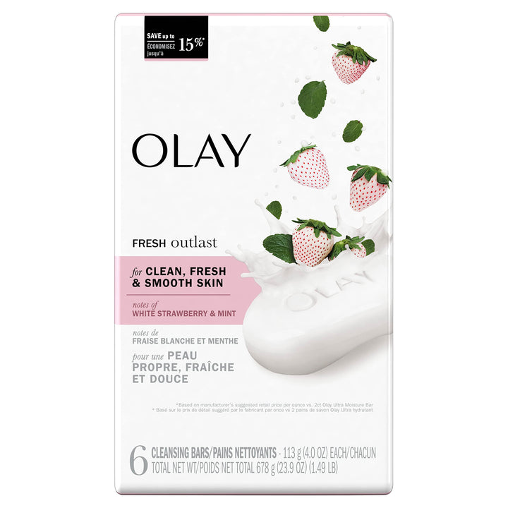 Olay Fresh Outlast Notes Of Cooling White Strawberry & Mint Beauty Bar, 4 oz, 6 count