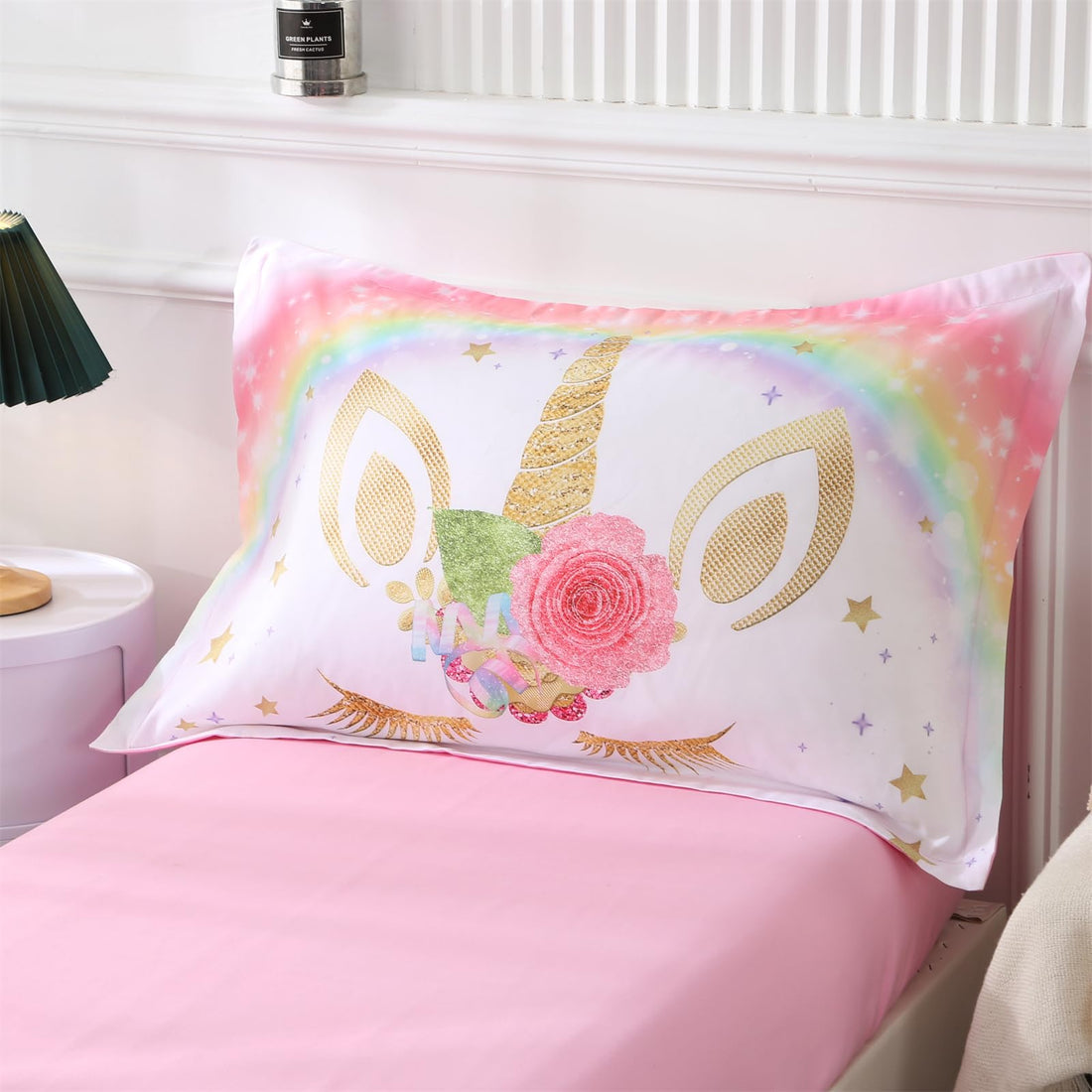 Wowelife Unicorn Toddler Bedding Set for Girls Pink 4 Piece Unicorn Bedding Toddler Bed Set Rainbow Pink White Floral Star Bed Comforter with Comforter, Flat Sheet, Fitted Sheet and Pillowcase