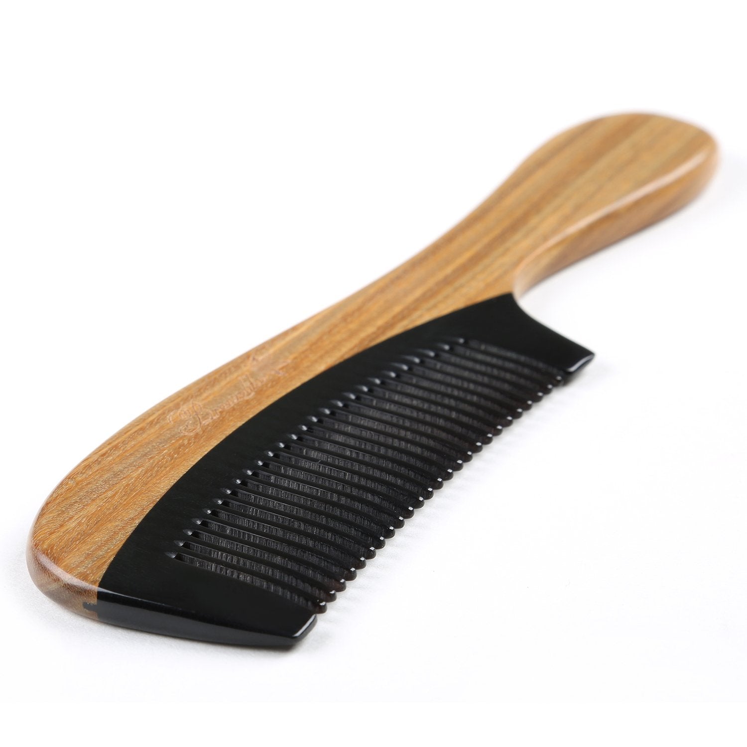 No Static Black Buffalo Horn Comb With Sandalwood Handle (Rounded)
