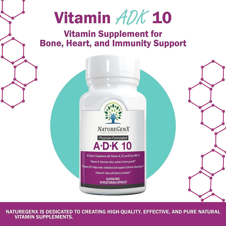 NatureGenX ADK 10 Supplement - Potent A, K2 & D3 Vitamin Supplement 10000 IU for Bone, Heart & Immune Support - 90 Count Easy-to-Swallow Vitamin ADK Supplement Capsules (3 Month Supply)