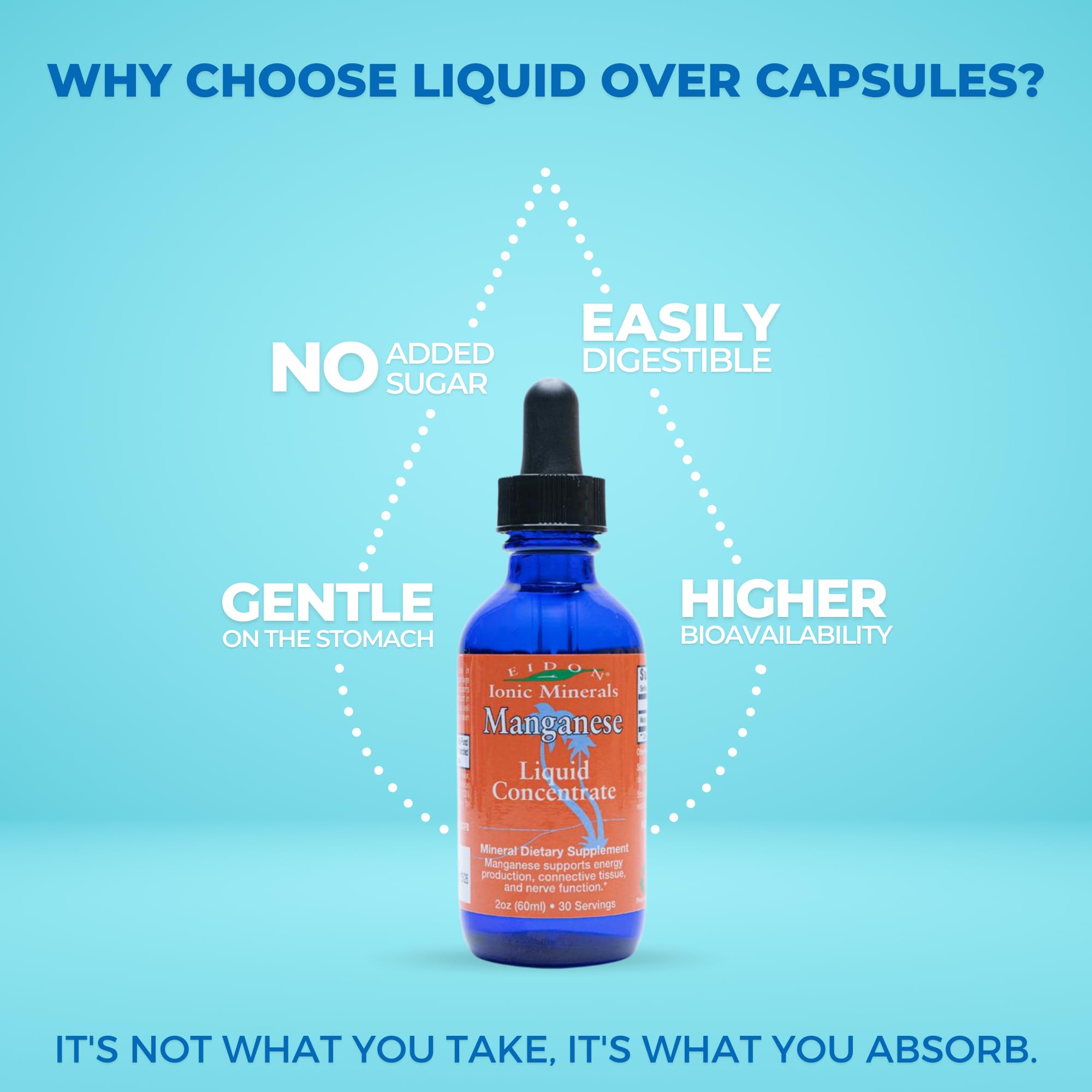 Eidon Ionic Minerals Liquid Manganese - Manganese Chloride Drops Supplement, Mineral Drops for Water, Supports Bone and Cartilage Health, Energy and Strength, Proper Digestive Tract Function, 2 oz