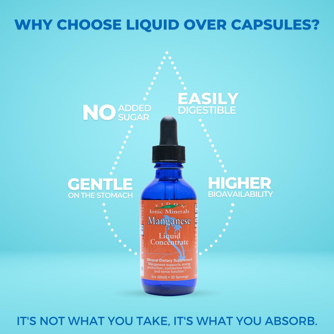 Eidon Ionic Minerals Liquid Manganese - Manganese Chloride Drops Supplement, Mineral Drops for Water, Supports Bone and Cartilage Health, Energy and Strength, Proper Digestive Tract Function, 2 oz