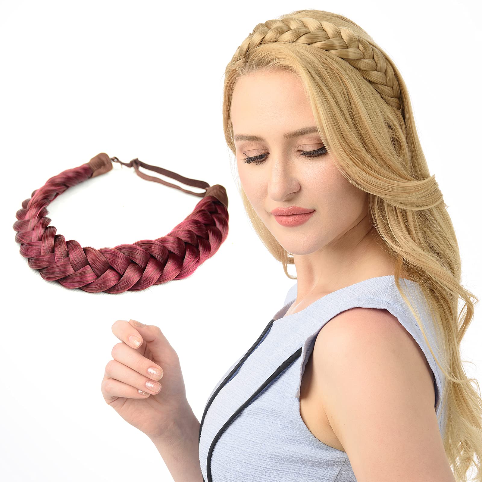 DIGUAN Huge 2 Strands Thick Synthetic Hair Braided Headband Classic Chunky Plaited Braids Elastic Stretch Hairpiece Women Girl Beauty accessory, 4oz (Burgundy)