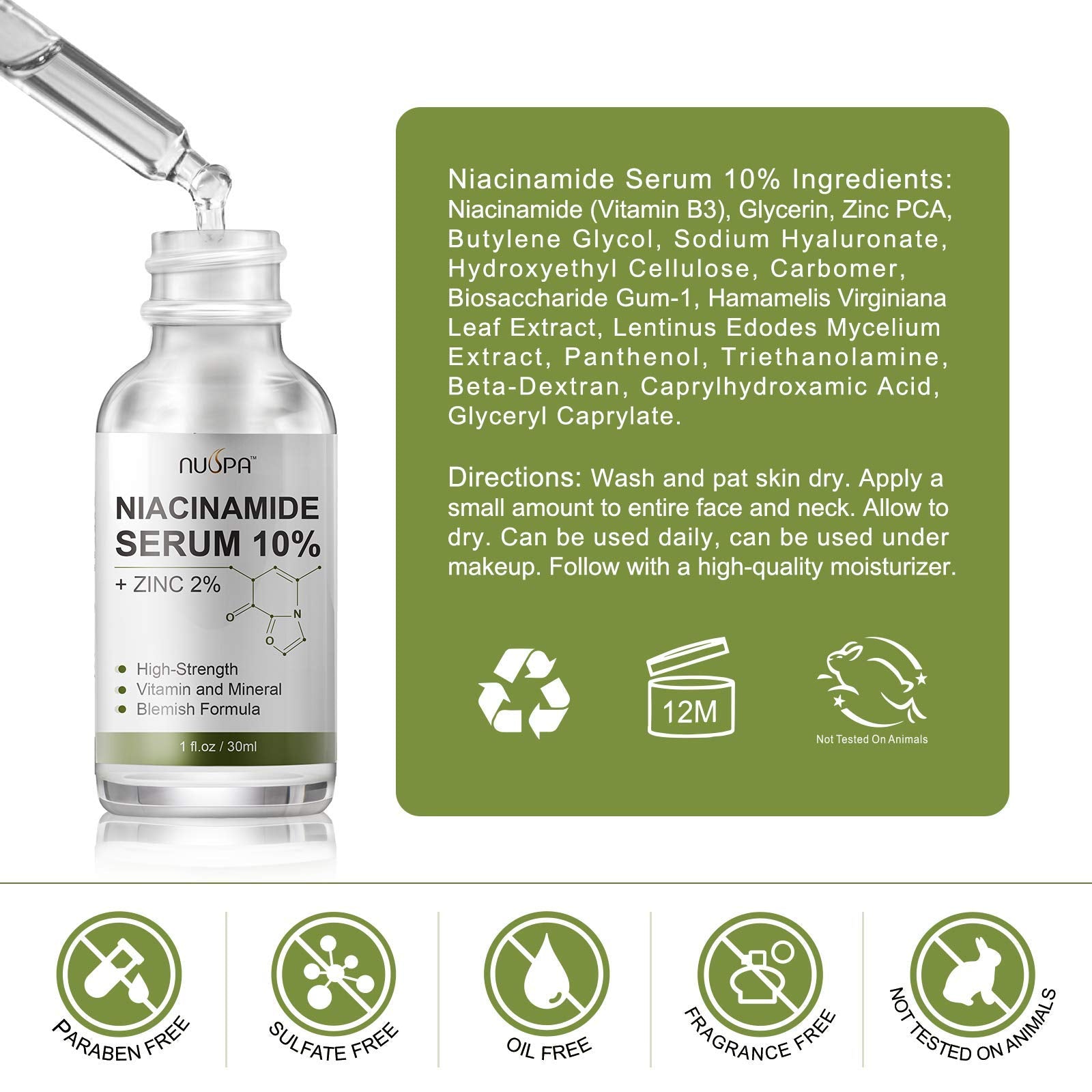 NUSPA Niacinamide Serum 10% Plus Zinc 2% for Face Skin Care Vitamin B3 Facial Serum with Hyaluronic Acid for Dry Skin and Pore SkinTreatment,Multi-Use For Face,Neck,Hand