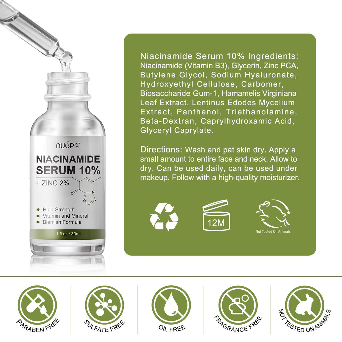 NUSPA Niacinamide Serum 10% Plus Zinc 2% for Face Skin Care Vitamin B3 Facial Serum with Hyaluronic Acid for Dry Skin and Pore SkinTreatment,Multi-Use For Face,Neck,Hand