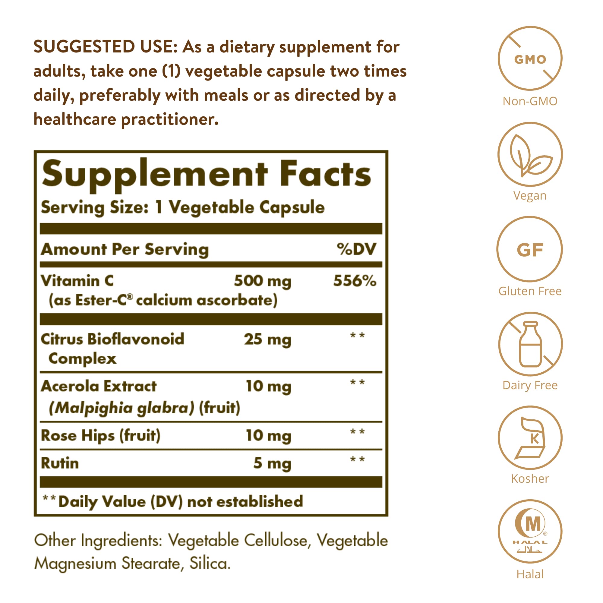 Solgar Ester-C Plus 500 mg Vitamin C (Ascorbate Complex), 100 Vegetable Capsules - Gentle & Non Acidic - Antioxidant & Immune Support - Non GMO, Vegan, Gluten Free, Kosher - 100 Servings