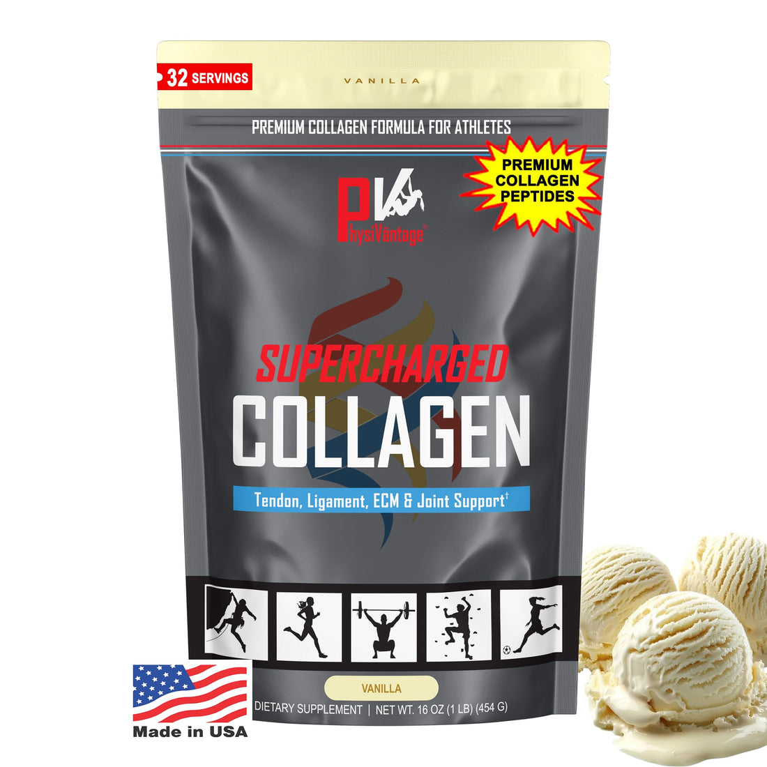 PhysiVantage Supercharged Collagen Peptides Powder - Hydrolyzed Collagen for Joint, Tendon, Ligament, & Skin Health Support - Vanilla, Keto, Paleo, 16oz | Enhanced with Vitamin C, BCAAs, Grass-Fed