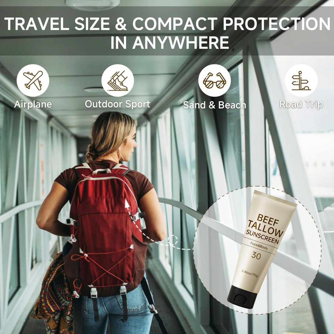 Tallow Sunscreen, Sunscreen for Face, Natural Reef Safe Face Body Beef Tallow Sunblock, Non Greasy Clean Travel Sun Screen Sunblock for Summer Outdoor Travel, 2.46 OZ