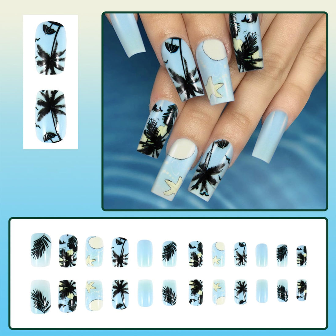 Summer Press on Nails Medium Square Fake Nails with Coconut Tree Starfish Fish Designs Blue Seagull Beach Palm Pattern False Nails Tropical Full Cover Glossy Artificial Acrylic Stick on Nails 24Pcs