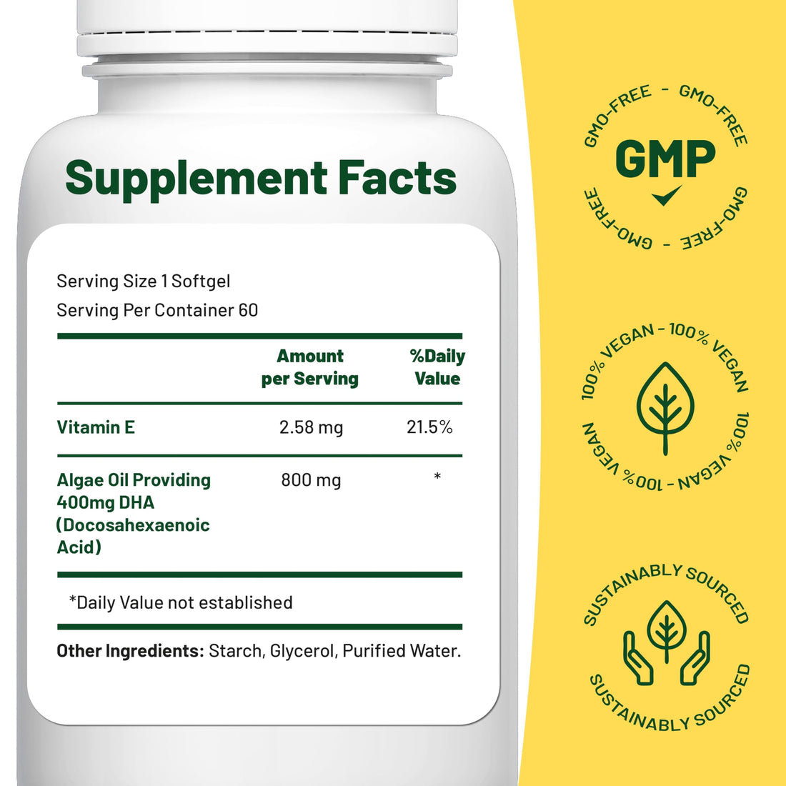 Vegan Vitality Vegan Omega 3 Supplement - 60 Plant Based Algae Oil Soft Gels Essential Fatty Acids with Vegan DHA for Joint, Heart & Immune Support Without EPA