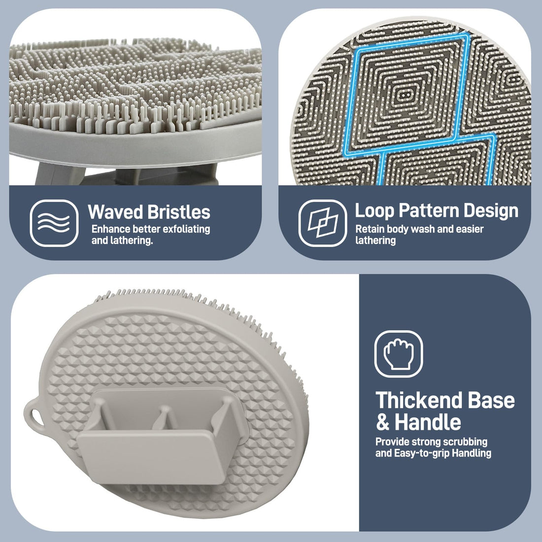 GEENOA Silicone Back Scrubber & Body Scrubber Set, 15.35’’ Back Scrubber for Shower with Dual-Side Brush Head, Silicone Loofah with Soft Bristles, Exfoliating Body Scrubber in Shower(Black-2PCS)