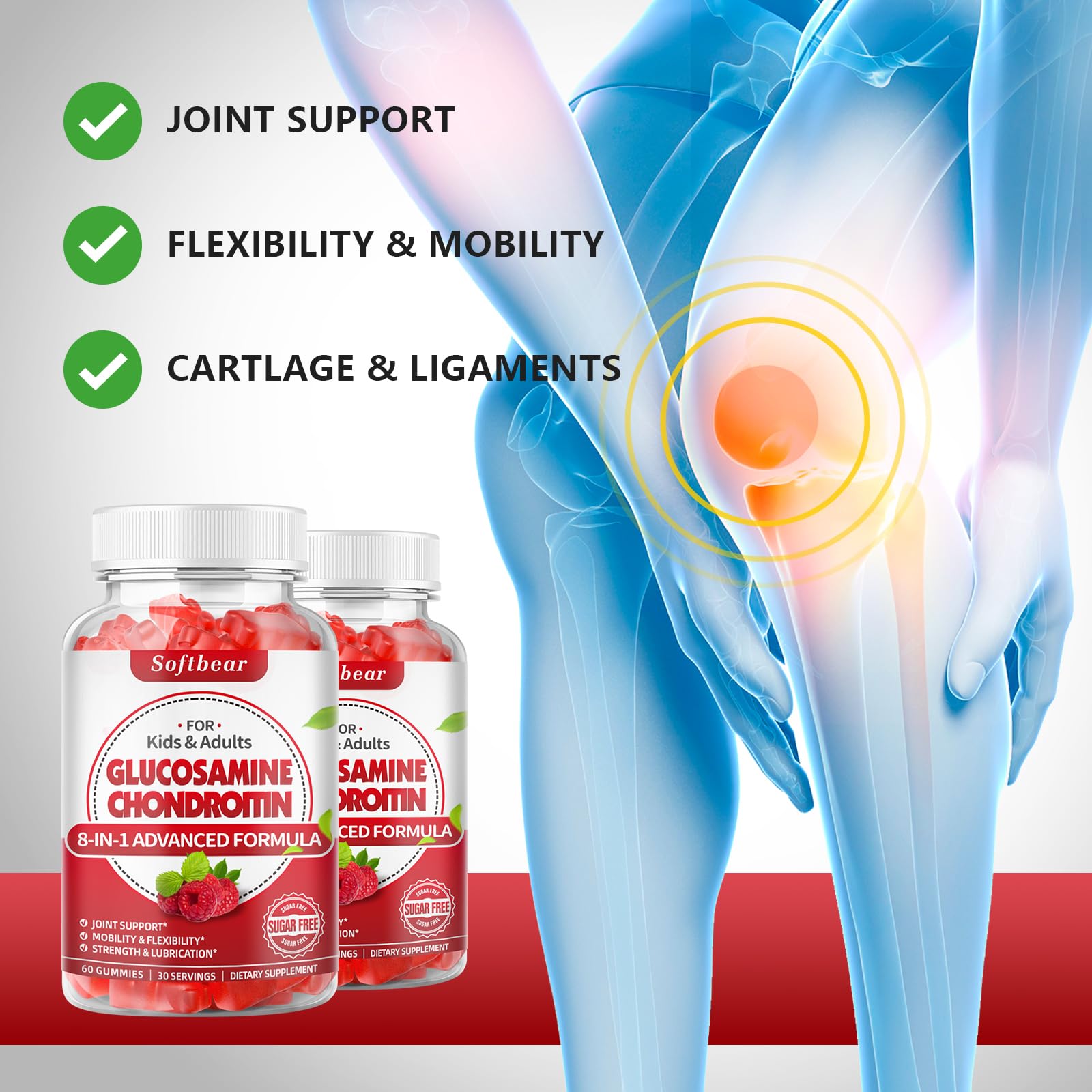 softbear Glucosamine Chondroitin Gummies Sugar Free, Extra Strength Glucosamine Chondroitin Supplement for Natural Joint Support, Raspberry Flavored 60 Count