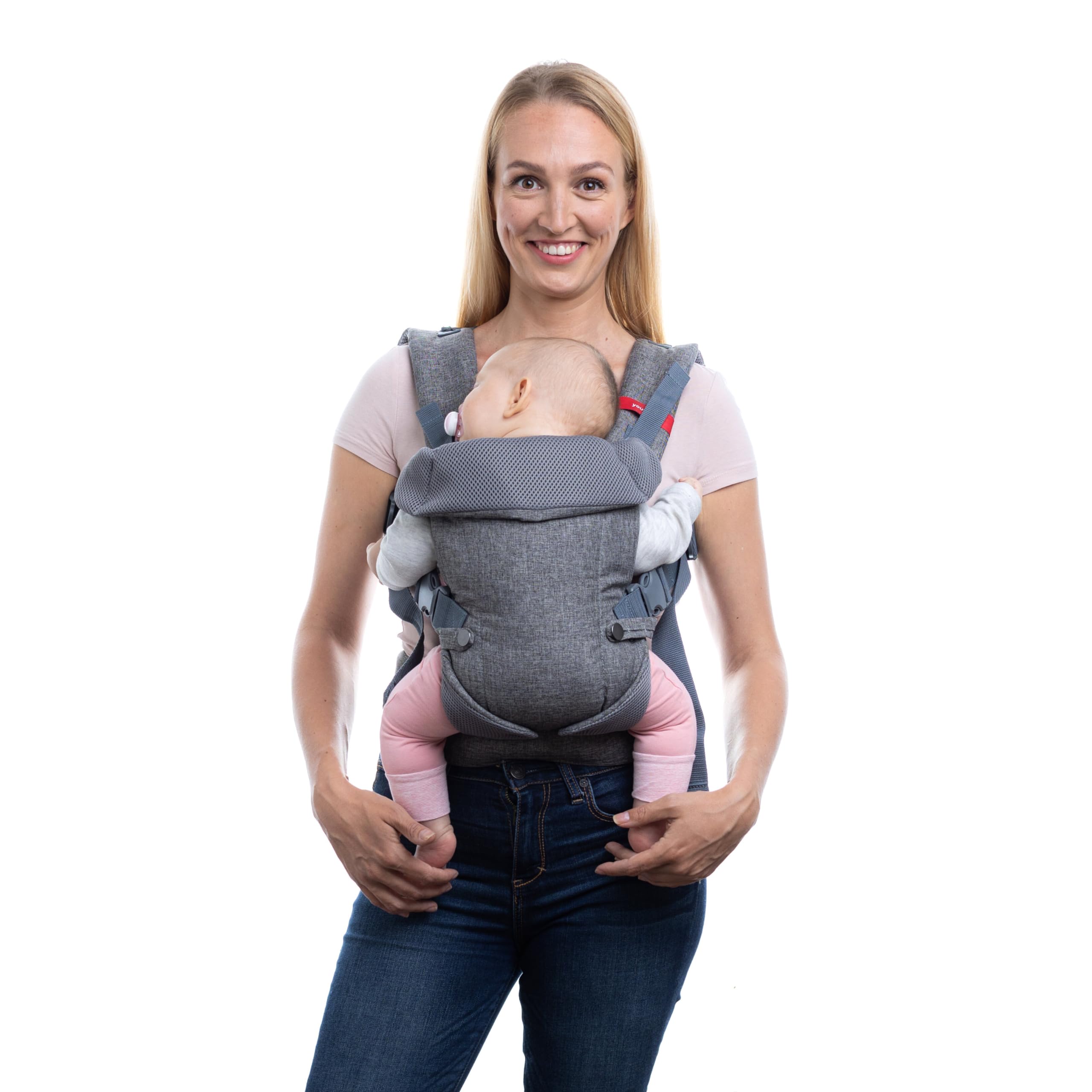 YOU+ME 4-in-1 Newborn to Toddler Chest Carrier - All Positions Front and Back Baby Carriers - Includes 2-in-1 Bandana Bib - Holder for 8-32 lbs (Grey Mesh)