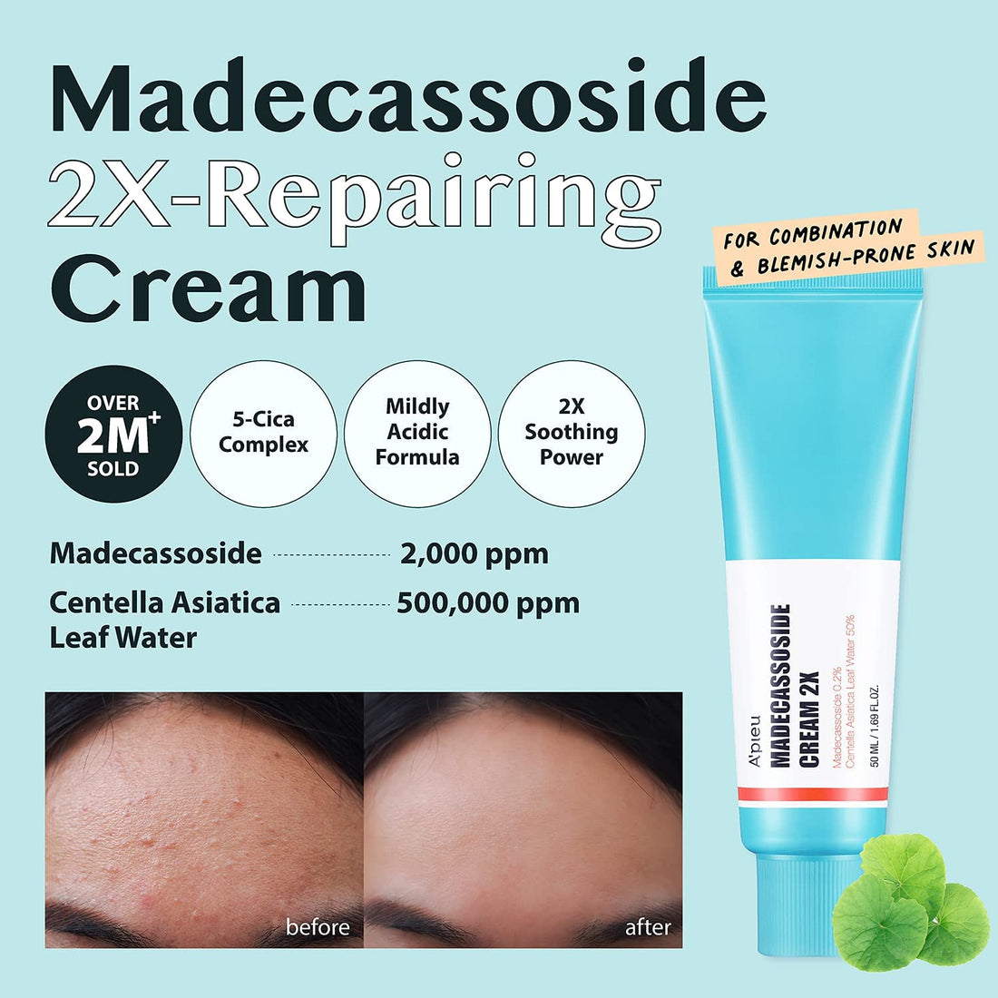 A'PIEU Madecassoside Cream 2X (1.69 fl oz) - for Combination and Blemish-Prone Skin, Helps Soothe Dryness, Sun Damage, Even Dark Spots - Centella Asiatica, Asiaticoside, Asiatic Acid