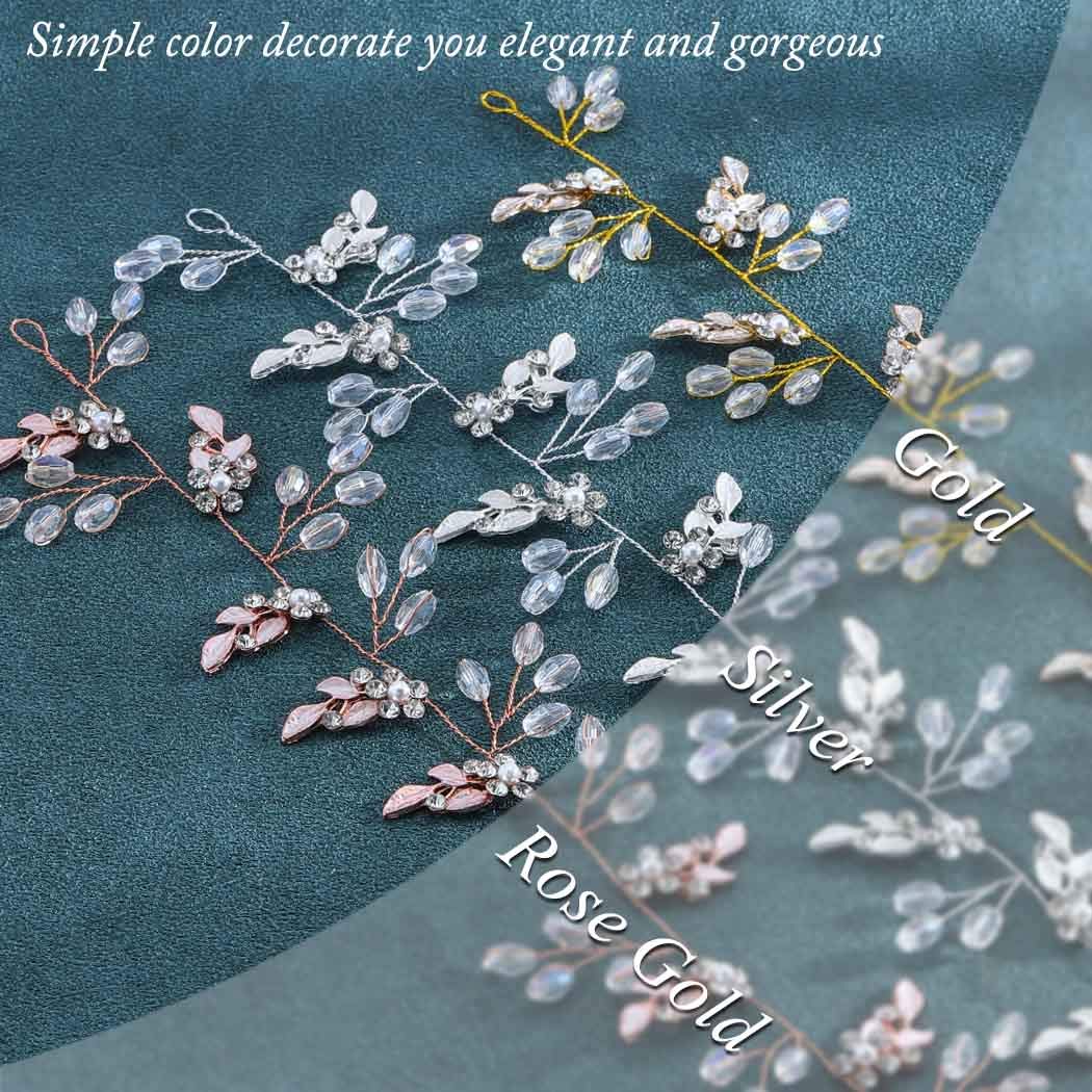 Unicra Leaf Wedding Hair Vine Flower Bridal Hair Piece Crystal Rhinestone Long Headband for Women and Girls (Silver)